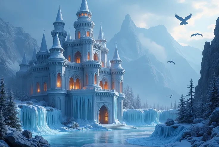 Huge medieval style ice castle, fine details throughout the structure; it is located in the transition of the mountains, captivating the attention of any traveler; inside the castle warm lights shine that define the warmth of the castle; there are green an...