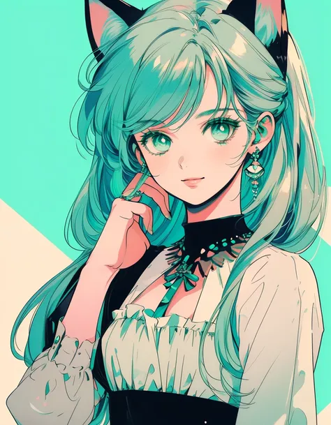 smile, ((masterpiece, best quality:1.5)), ((Beautiful detailed cat aqua eyes:1.2)), cat ears, pale skin, medium breasts, beautiful hands, beautiful fingers, EasyNegative