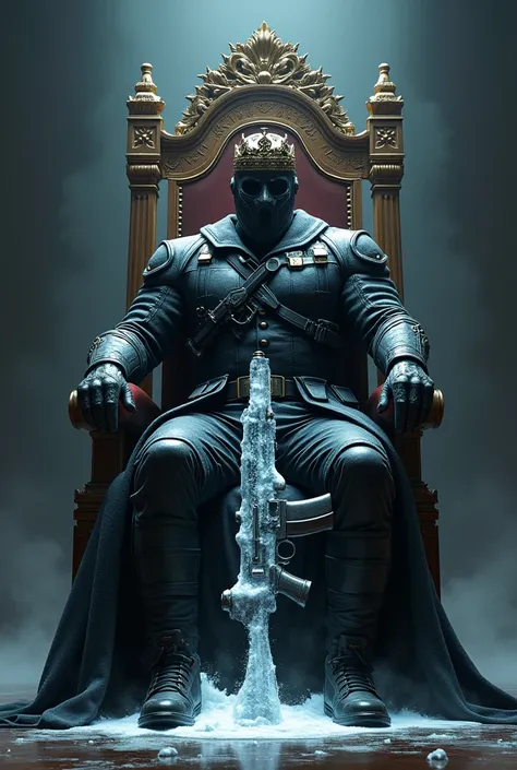 Create me a logo with a man in a war suit sitting on a throne with a firearm wrapped in ice and with a crown on his head and sitting on a throne and below it says in letters insane cuban 