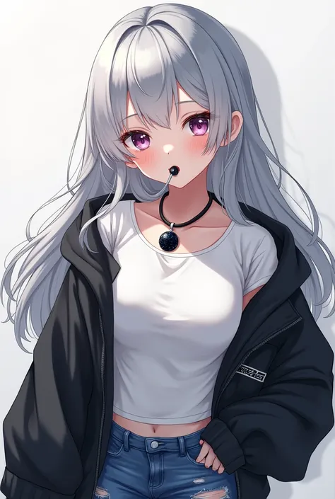 beautiful japanese girl, Silver hair, heart shaped onyx necklace, white shirt, black jacket open on top, jeans with some rips, sucking lollipop