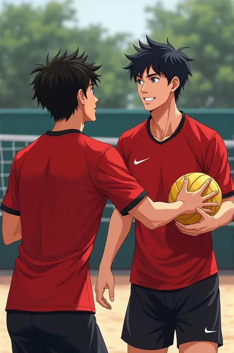 A 2 man, black hair color and dark blue eyes, white and slightly tanned skin, nice nose and smile, red and black volleyball clothing, Realistic version 