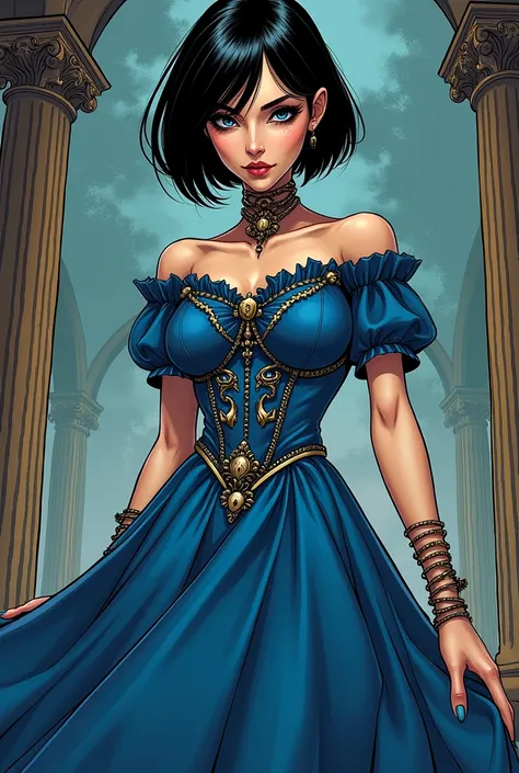 make a woman with short black hair, black eyes and a blue dress.
she will have one similar to Alice Liddell from Alice: Madness Returns. but it will maintain its own characteristics.

Comics style 