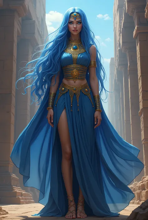 A strikingly beautiful Sumerian goddess from 1700 B.C. She has long, flowing light blue hair that cascades down her back like water, shimmering in the light, with a celestial glow. Her piercing blue eyes shine with intense divine energy, filled with myster...