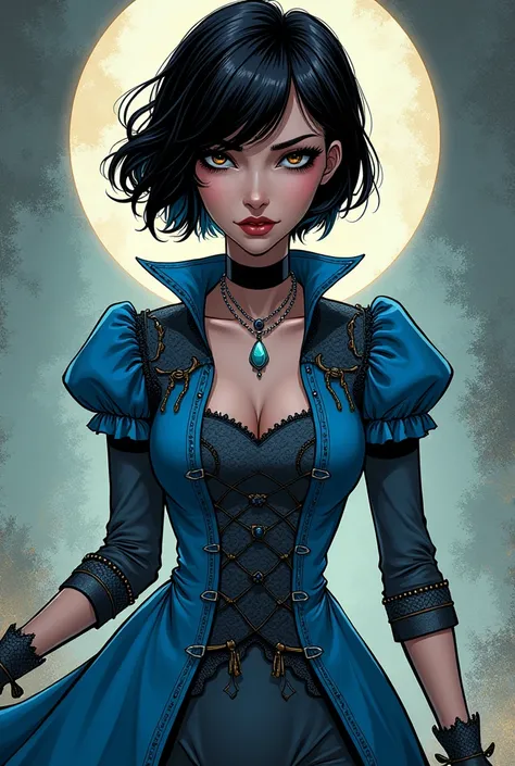 make a woman with short black hair, black eyes and a blue dress.
she will have one similar to Alice Liddell from Alice: Madness Returns. but it will maintain its own characteristics.

Comics style 