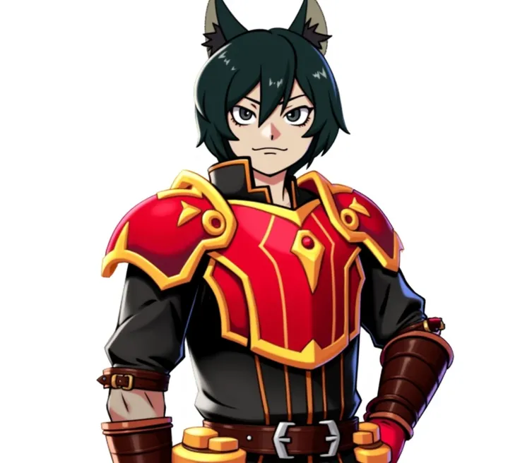 Neko royal guard with black hair wearing light red armor and a black outfit and brown belt and glove