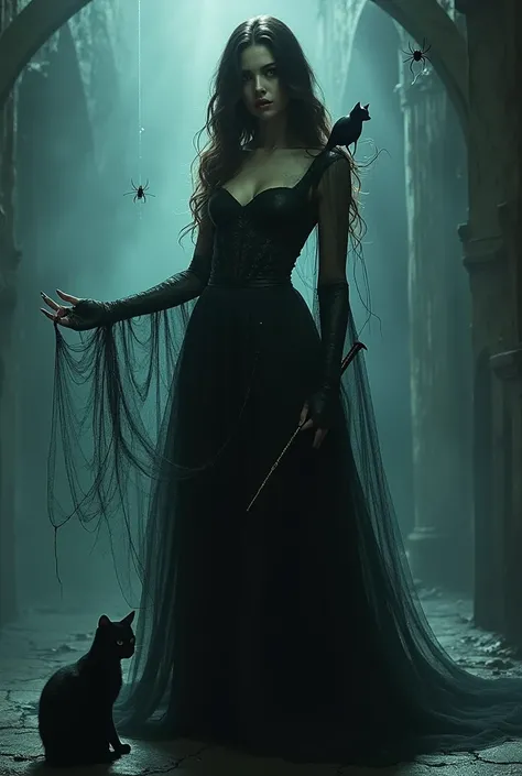 A beautiful girl stands in a relaxed pose, she has a magic wand in one hand, a spider is sitting on the other hand, the spider is sitting on the shoulder, the girl is an evil witch, dressed in a blue green dress, the dress itself is covered in cobwebs, a b...