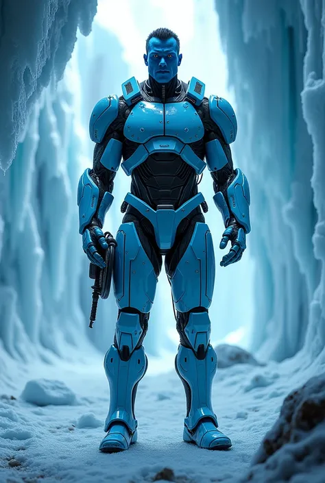 Blue skinned arnold schwarzenegger wearing a Mr Freeze armour at a huge blue ice cave