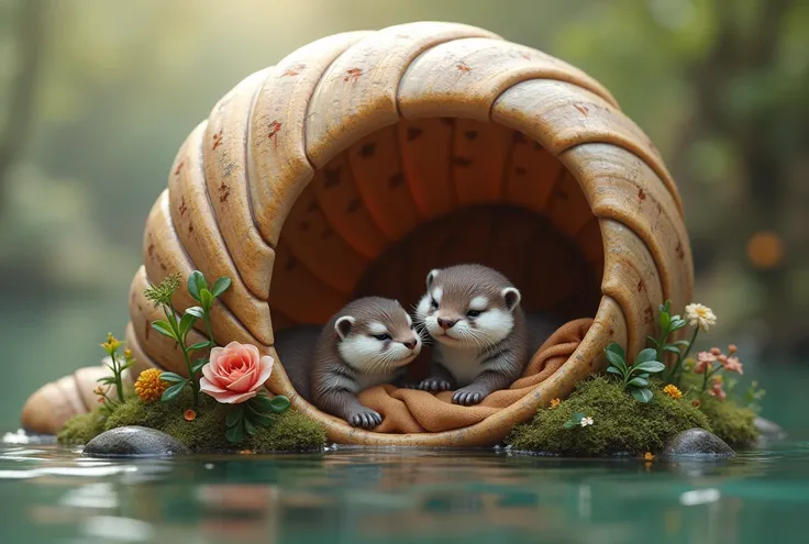 Beautiful, cuddly miniature otters enjoy their home by the river; their home is the shell of a giant snail; the otters have beautifully decorated it to make it their home; masterpiece; UHD