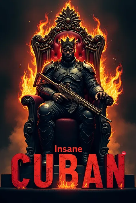 Create me a logo with a man in a war suit sitting on a throne with a firearm wrapped in fire and with a crown on his head and sitting on a throne and below that says in letters insane cuban 