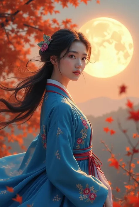 Draw a woman with medium-length hair wearing a blue hanbok for Chuseok.