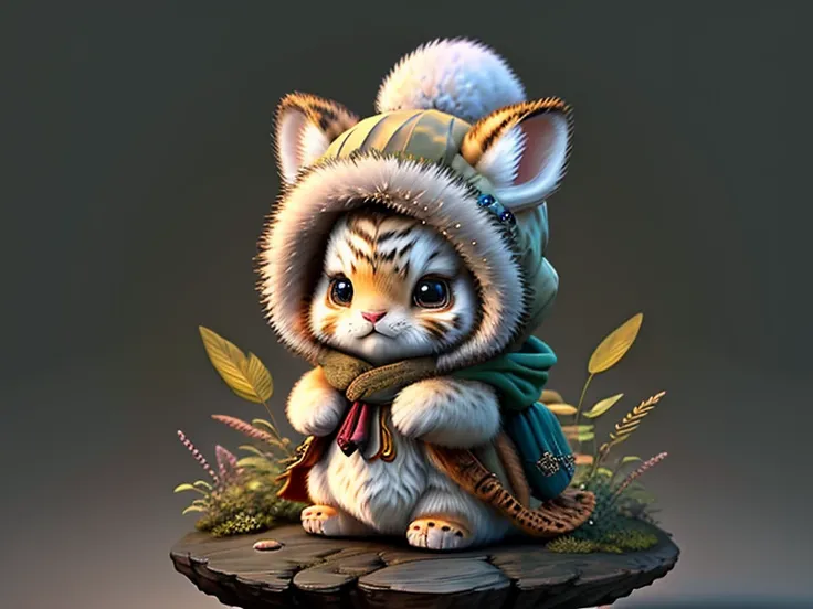 Top image quality、"Create cute creature masterpieces with inspired ultra-detailed concept art. Let your imagination come alive", （Baby rabbit）, high detailing, in 8K、Top image quality、forest fae、Wearing tiger fur、Realistic coat、big ears from a hat、