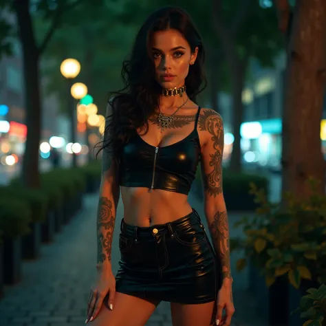 young girl of 27 years, head on, with tight fitted dress miniskirt, very detailed eyes, maximum resolution, maximum detail, highest quality, 8K, tattoos, thin girl, posing for the camera, very beautiful woman, Sexy magpie pose, at night in the city, in a p...