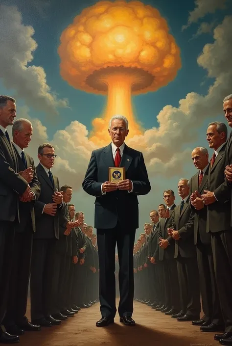 Oppenheimer receiving an award, nuclear arms race imagery,