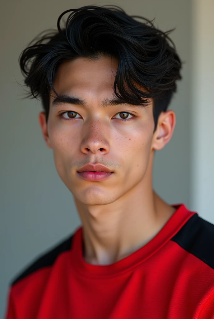 A man not two of 22 years, black hair color and dark blue eyes, white and slightly tanned skin, beautiful nose , a red and black volleyball sweatshirt, Realistic version 