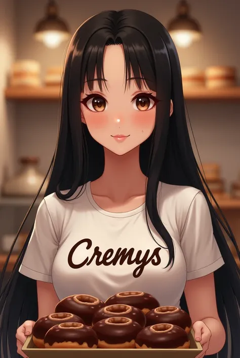 Brunette girl with long black straight hair wearing a shirt that says cremys and holding a tray full of chocolate donuts in her hands 