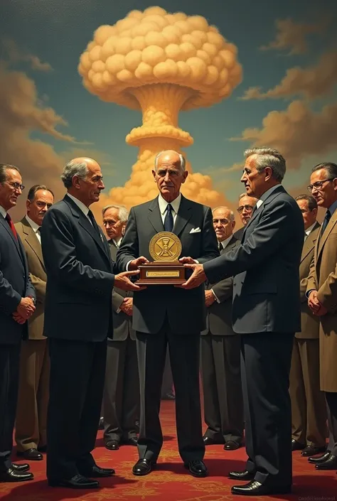 Oppenheimer receiving an award, nuclear arms race imagery,