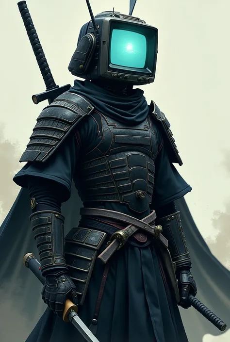 Samurai, black armor, tube TV Head, tube TV in place of Head, Katana on waist, hemen, scarf, empty background, anime