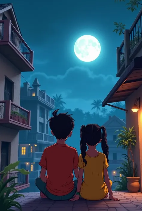 2 best freinds 2 boy and girl sitting on terrace of a building on staris Indians house and Indians under moonlight 
Indian background locality normal night dress on top of a building and on strains 
Indian buildings