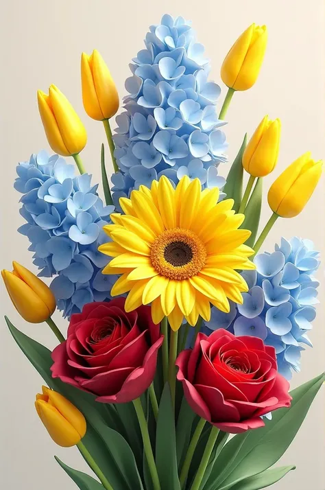 Bouquet of 1 yellow gerbera in the center, 2 red roses on the sides, 3 light blue hydrangeas in the back, 4 yellow tulips, two on each side