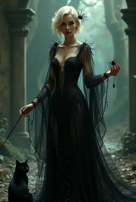 A beautiful girl stands in a relaxed pose, she has a magic wand in one hand, a spider is sitting on the other hand, a spider is sitting on the shoulder, the girl is an evil witch dressed in a chic dress made of cobwebs, a black cat is sitting next to her, ...