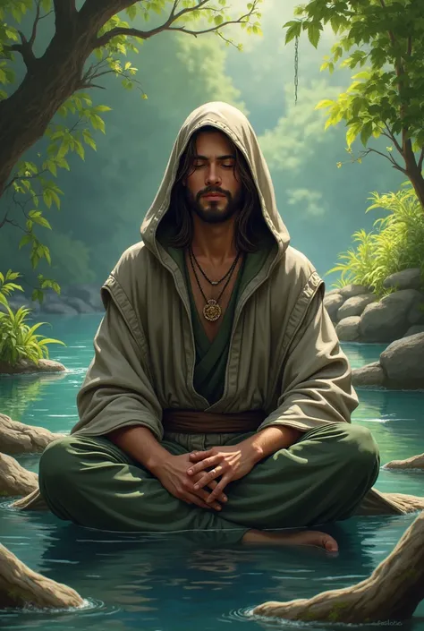 YOUNG MALE WITCH WITH MEDIUM-LENGTH STRAIGHT BROWN HAIR AND A NOT SO LONG DARK BEARD DRESSED IN A RUANA SITTING IN FRONT OF A RIVER WITH HIS EYES CLOSED AND SURROUNDED BY NATURE
