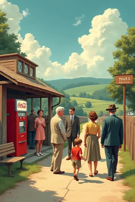 A picture of a bus stop,  in a 50&#39;s style country place with people ready to get on the transport 