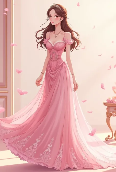 Make a full body image of a beautiful girl in a simple Victorian era royal style dress, with pink tones that are easy to draw in anime style 
