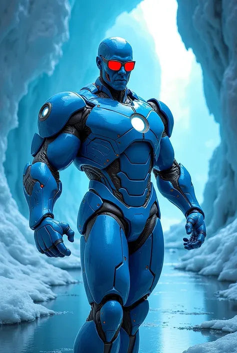 Blue skinned arnold schwarzenegger wearing a Mr Freeze blue iron man type armour and wearin red sunglasses at a huge blue ice cave