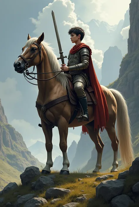 Young warrior with short black hair ,white skin tall on his horse holding a sword 