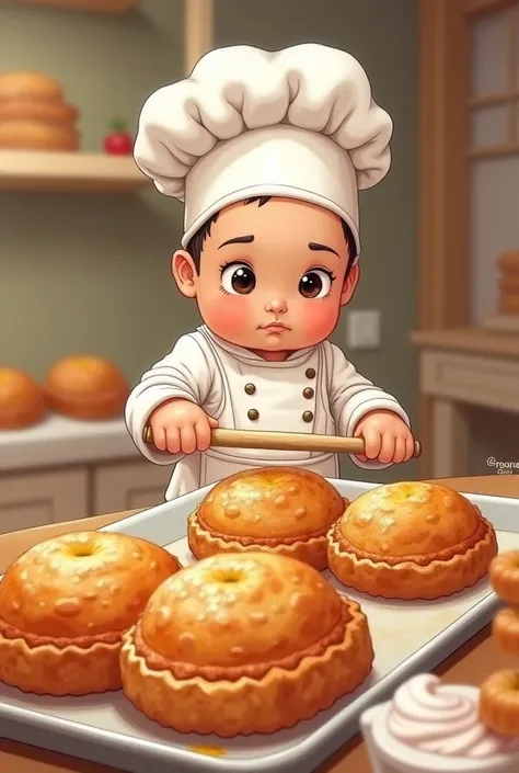 Pastry drawing with piononos and a baby chef