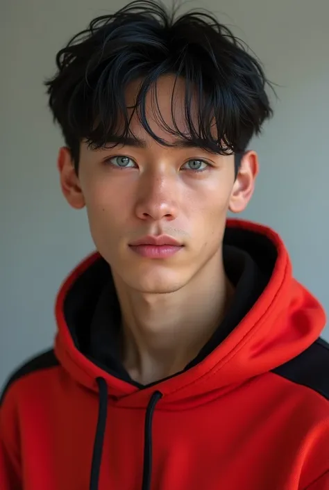 A man not two of 22 years, black hair color and dark blue eyes, white and slightly tanned skin, beautiful nose , a red and black volleyball sweatshirt, Realistic version 