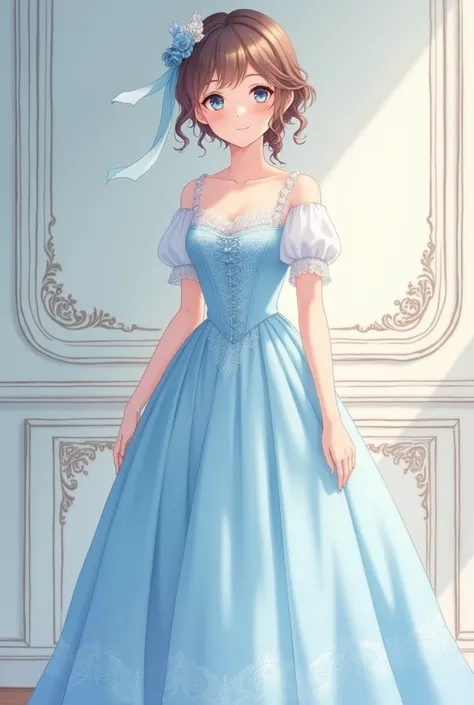 Make a full body image of a beautiful girl in a simple Victorian era dress, with light blue and sky blue tones that are easy to draw in anime style 
