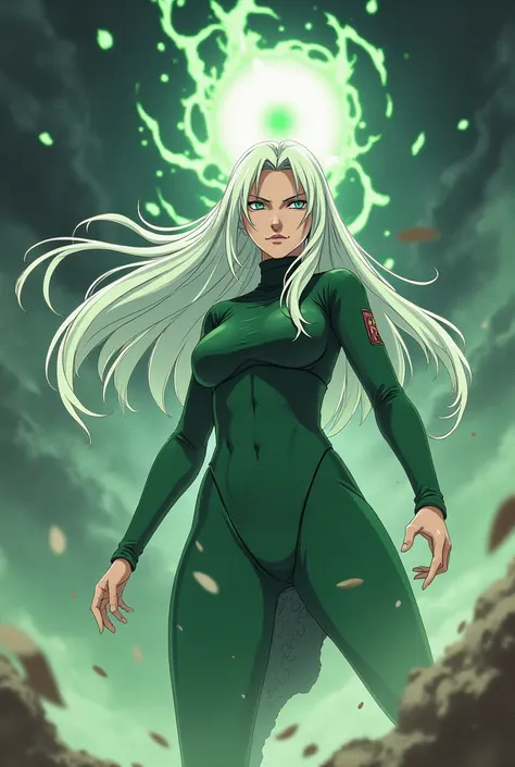 a naruto anime woman with kurama inside her, with white eyes and hair being a reference to the 9 tails that Kurama has holding a Tailed Beast Ball aligning the strands of his hair 9 strands come out to release it. With green ninja suit 