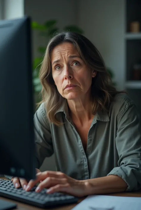 realistic woman turning off computer with tired expression 