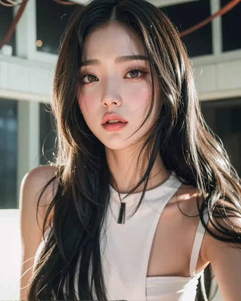 Araffe Asian woman with long black hair and a black blouse, Ella tiene el pelo negro, Retrato, iu lee ji-eun as a super villain, Jossi de Blackpink, Blackpink Jennie, seductor retrato de Miyeon (G)-dle, Cabello largo, Choi Miyeon, Billie Eilish, Jisoo de B...