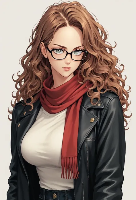 woman, alone, glasses, long hair, curly brown hair, big breasts, black jacket, red scarf,