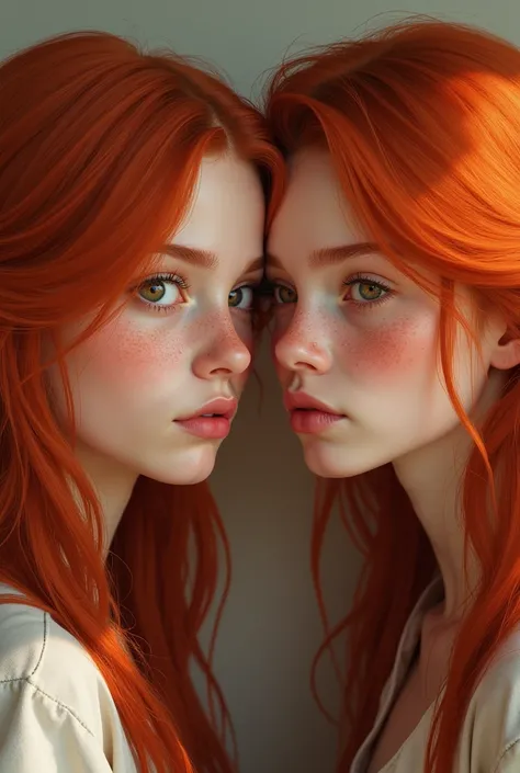 Red-haired twin teenagers, tall and hazel eyes, with freckles on the face