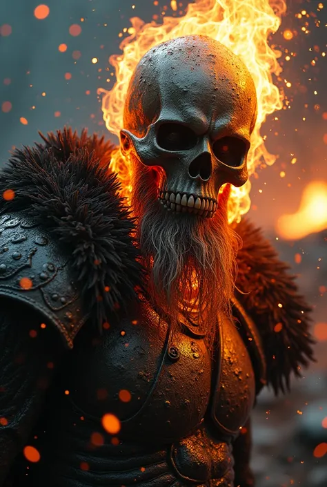 Close-up (Ghost Rider from Marvel in Viking style: 1.3) emerging from wet black mud, extremely detailed, smoke, sparks, metal shavings, flying debris, volumetric light