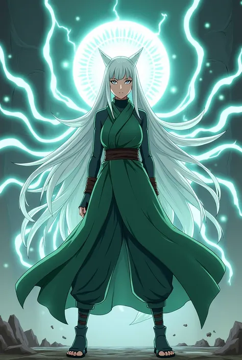 a naruto anime woman with kurama inside her, with white eyes and hair being a reference to the 9 tails that Kurama has holding a Tailed Beast Ball aligning the strands of his hair 9 strands come out to release it. With green ninja suit, The hair is divided...