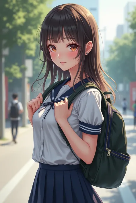 Best quality, masterpiece, High resolution, Alone, {nag~tooro_Hayase_donttoywithmemissnag~tooro:0.90}, 1 woman, blusher, backpack, school_uniform, shirt, skirt, Looking for_~to_viewer