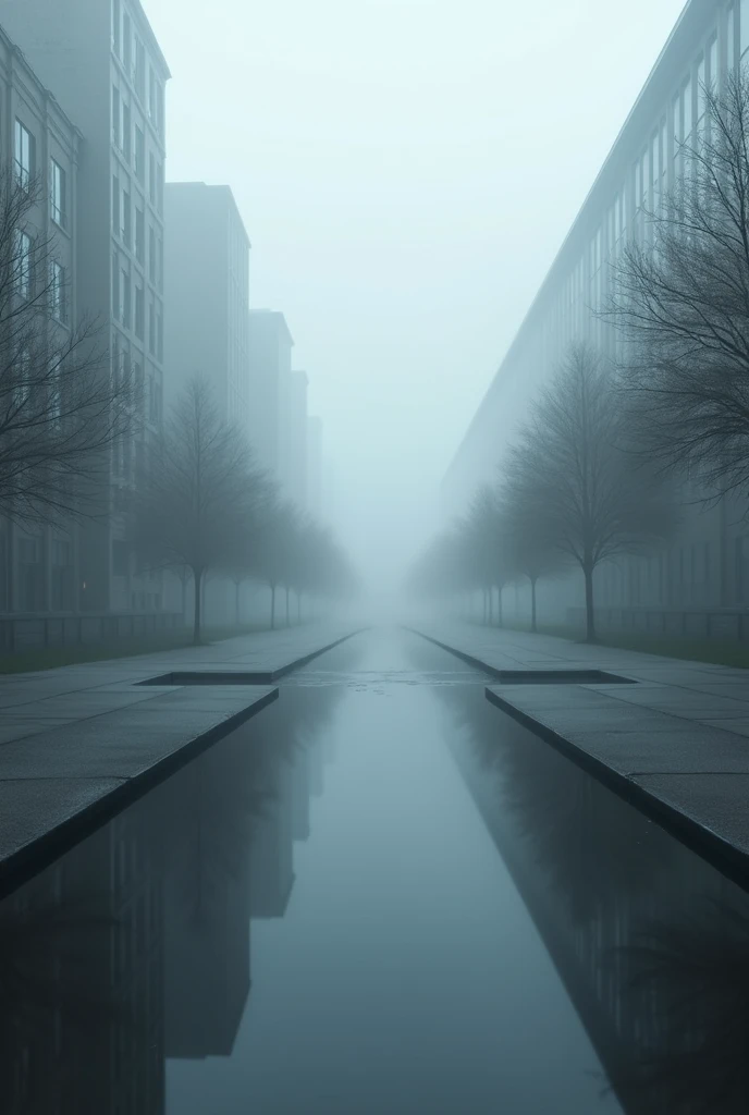 (Masterpiece of outstanding quality,Mirror-like,cinematic experience,Very detailed,Practical,Original photo),Empty campus in foggy gray tones