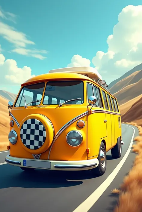 Combi vw jaune avec roue de secours à carreaux de course  