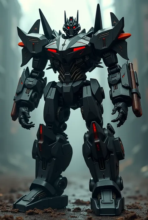 A bad transformer with dark background and deadly weapons 
 