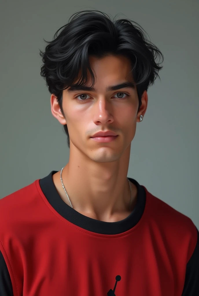 A man not two of 22 years, black hair color and dark blue eyes, white and slightly tanned skin, beautiful nose , a red and black volleyball sweatshirt, Realistic version, United States