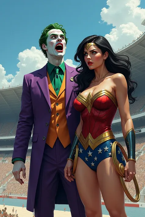 Joker and Wonder woman together seeing to something with very shocked face at Olympic 