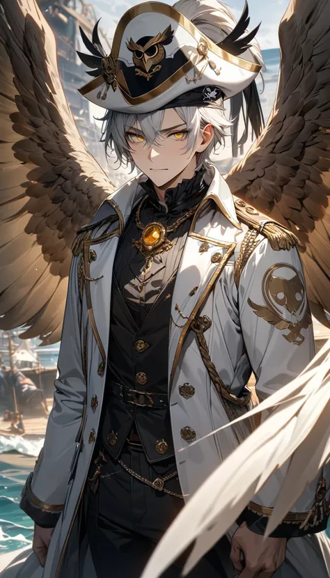 adult man, short white hair, wings, yellow eyes, white pirate hat, pirate white coat, shirt, black trousers, golden jewels, owl symbol, Masterpiece, best quality, Full HD, 8k, ultra details, great graphic