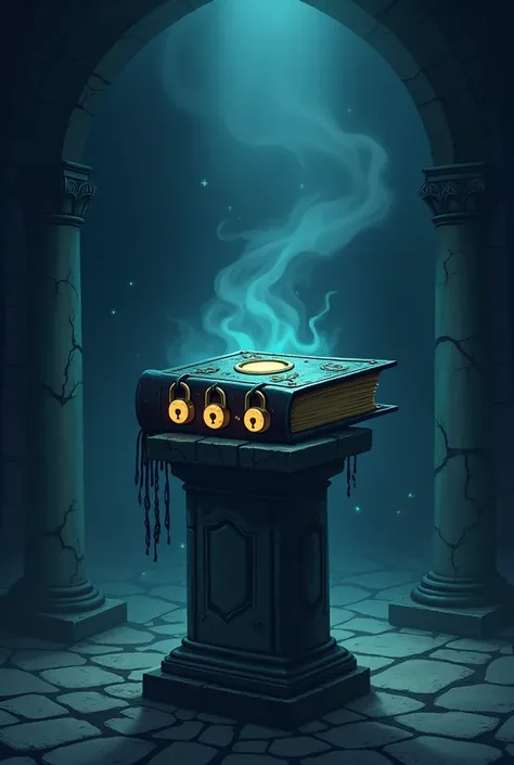 Creepy Magic Black Book with 4 Magic Padlocks on Top of a Stone Pillar in a Dark Room Cartoon 