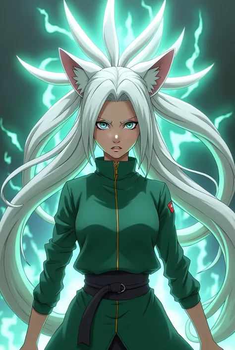 a naruto anime woman with kurama inside her, with white eyes and hair being a reference to the 9 tails that Kurama has holding a Tailed Beast Ball aligning the strands of his hair 9 strands come out to release it. With green ninja suit, The hair is divided...