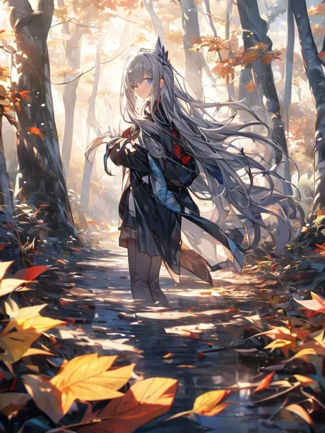 masterpiece, (Best Quality: 1.2), １woman, Gray Hair, blue eyes, (Long straight hair: 1.1), Casual Outfits、fog , autumn leaves, Clearing fallen leaves、broom、countryside