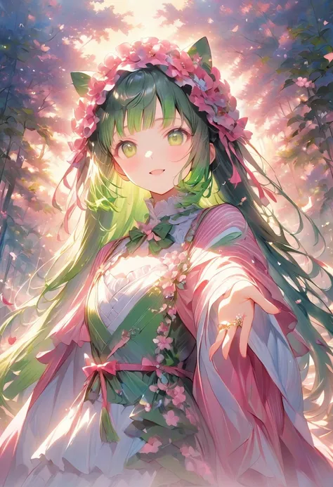 ((Best Quality))、((masterpiece))、(detailed)、8k、「anime『Demon slayer』Inspired by the heart motif of、Please portray Mitsuri Kanroji realistically and vividly.。The setting is、Her iconic pink and green hair is soft and flowing、Warmth、like、Kindness must be empha...